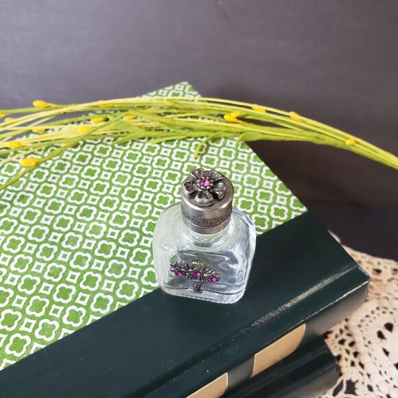 Vintage Miniature Decorative Pink Rhinestone Glass Perfume Bottle 2" Mini - Picture 7 of 8